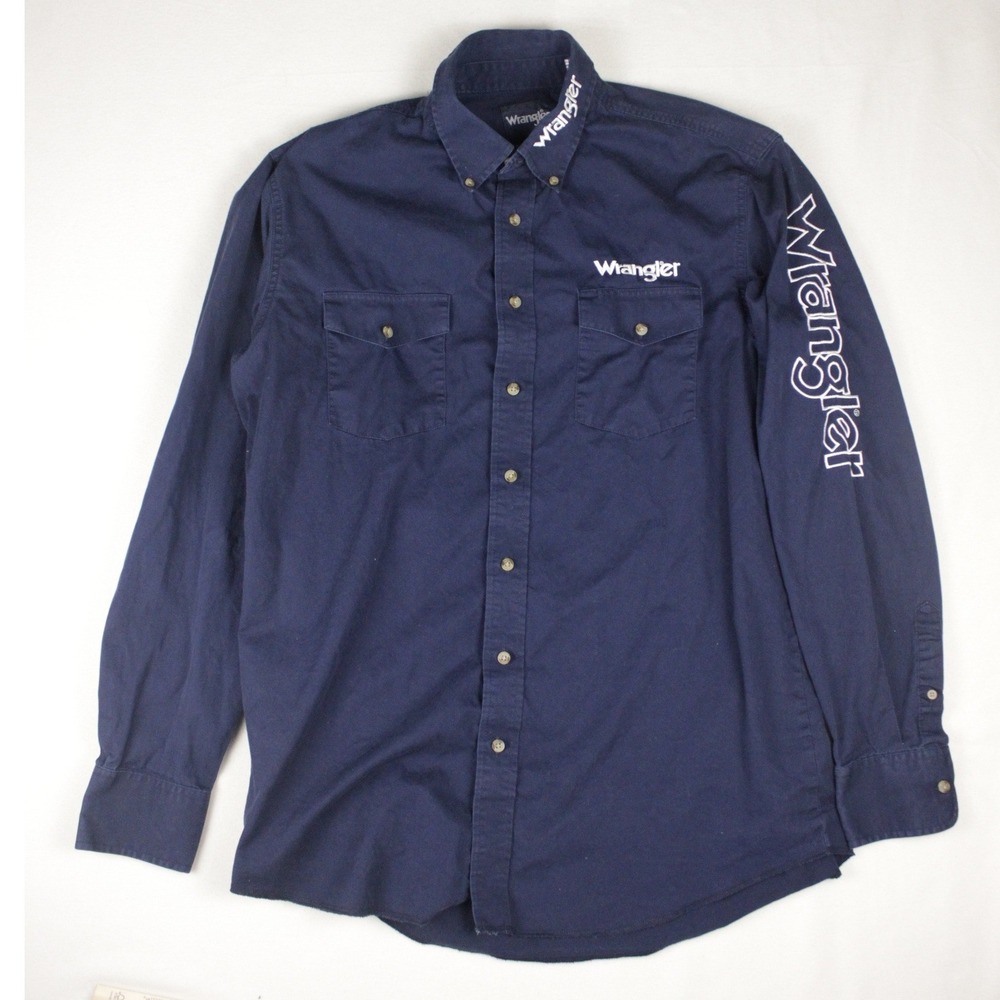 Wrangler Spell Out Logo Shirt Mens LT Blue Rodeo Western Sleeve Hit
